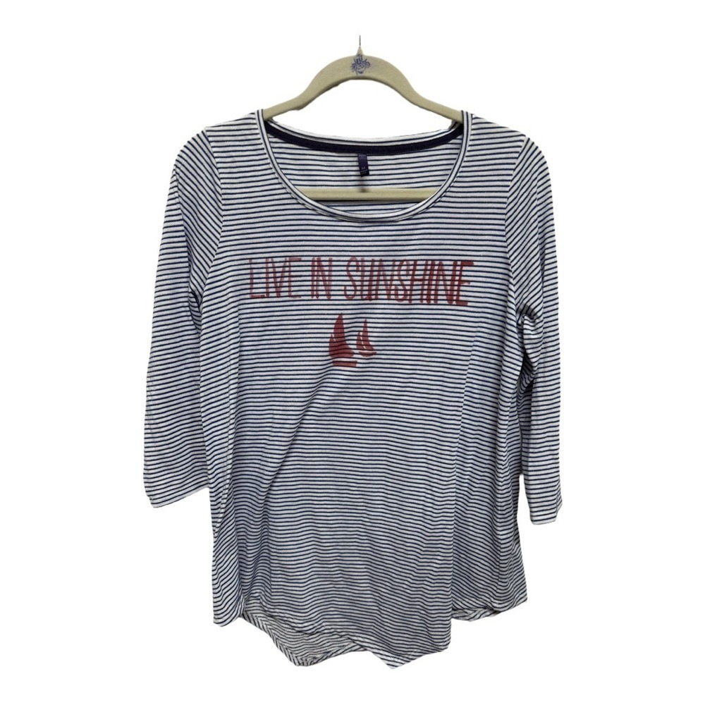 NYJD 3/4 Sleeve Boat Live in Sunshine Striped Oversized Shirt Blue White Size M